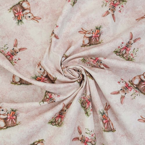 Tecido de Algodão Estampado (Meio Metro) - Páscoa Coelhinhos Fundo Rosê
