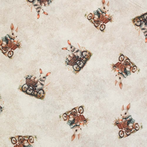 Tecido de Algodão Estampado (Meio Metro) - Páscoa Coelhinhos Quadriciclo