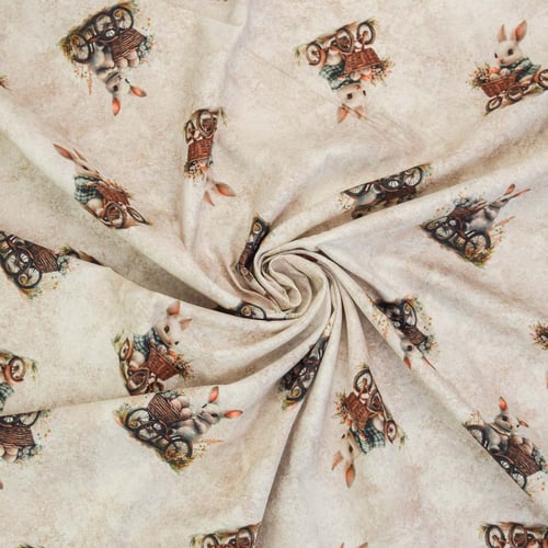 Tecido de Algodão Estampado (Meio Metro) - Páscoa Coelhinhos Quadriciclo