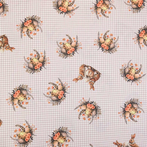 Tecido de Algodão Estampado (Meio Metro) - Páscoa Coelhinhos Xadrez