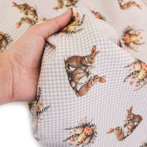 Tecido de Algodão Estampado (Meio Metro) - Páscoa Coelhinhos Xadrez