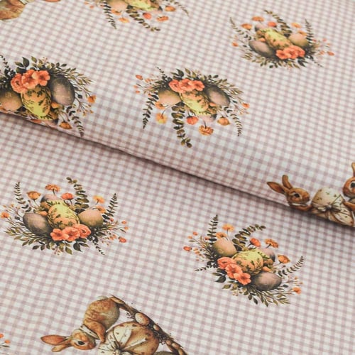 Tecido de Algodão Estampado (Meio Metro) - Páscoa Coelhinhos Xadrez