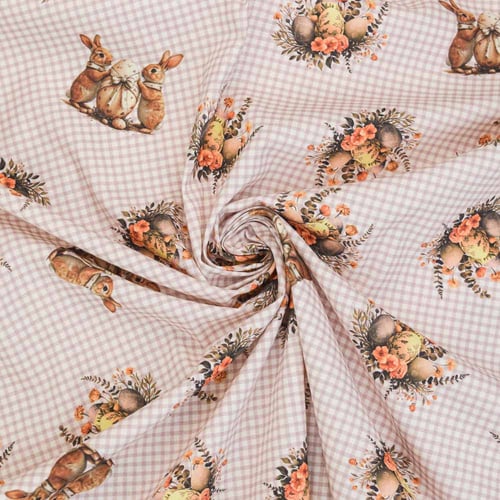 Tecido de Algodão Estampado (Meio Metro) - Páscoa Coelhinhos Xadrez