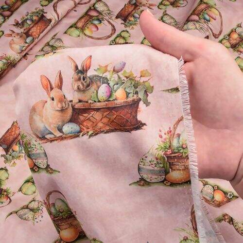 Tecido de Algodão Estampado (Meio Metro) - Coelhinhos da Páscoa Fundo Rosa
