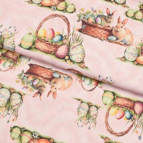 Tecido de Algodão Estampado (Meio Metro) - Coelhinhos da Páscoa Fundo Rosa