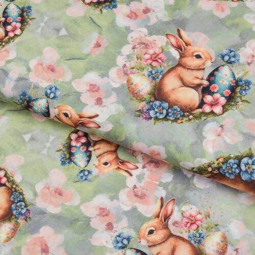 Tecido de Algodão Estampado (Meio Metro) - Coelhinho da Páscoa Fundo Verde