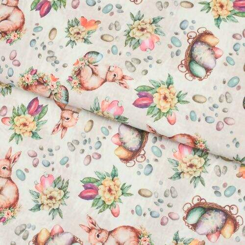 Tecido de Algodão Estampado (Meio Metro) - Páscoa Coelhinhos Fundo Bege