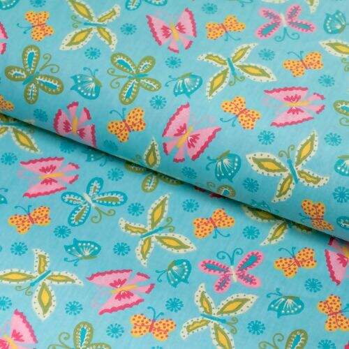 Tecido de Algodão Estampado (Meio Metro) - Borboletas Fundo Turquesa 