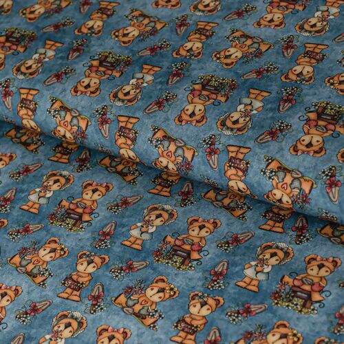 Tecido de Algodão Estampa Digital (Meio Metro) - Ursinhos Fundo Jeans