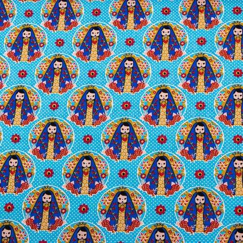 Tecido de Algodão Estampado (Meio Metro) - Nossa Senhora Poá Azul Claro