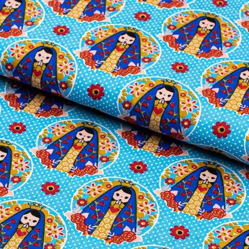 Tecido de Algodão Estampado (Meio Metro) - Nossa Senhora Poá Azul Claro