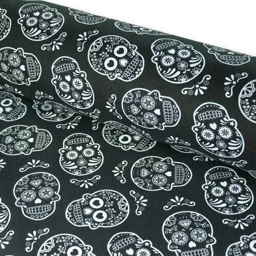 Tecido de Algodão Estampado (Meio Metro) - Caveira Preto/Branco