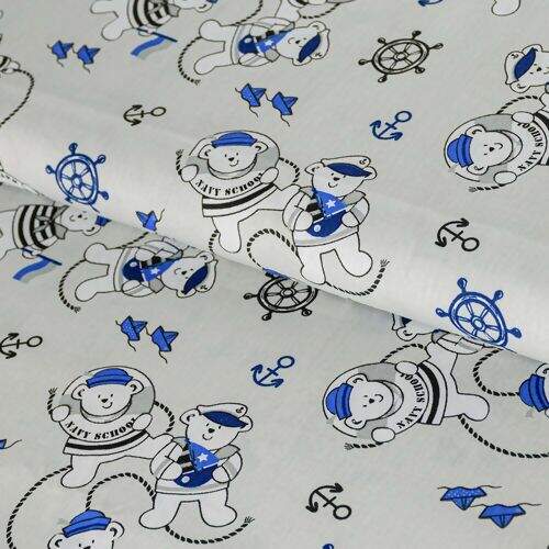 Tecido de Algodão Estampado (Meio Metro) - Ursinho Ted Cinza e Marinho