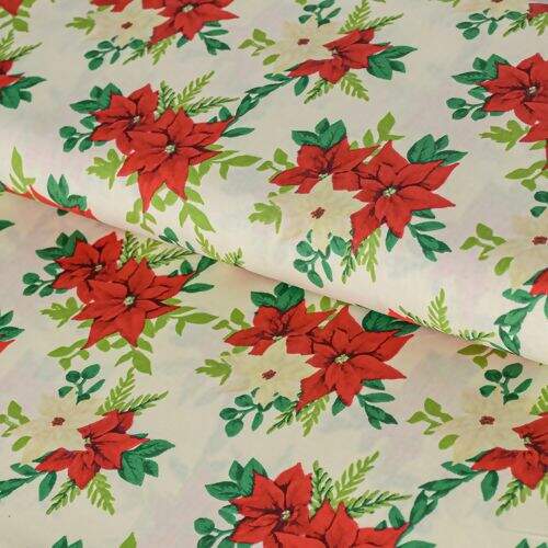 Tecido de Algodão Estampado (Meio Metro) - Natal Poinsétia Média Fundo Bege