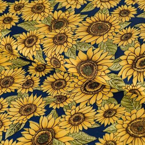 Tecido de Algodão Estampado (Meio Metro) - Girassol Fundo Azul