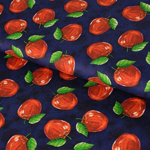 Tecido de Algodão Estampado (Meio Metro) - Maçãs Fundo Marinho