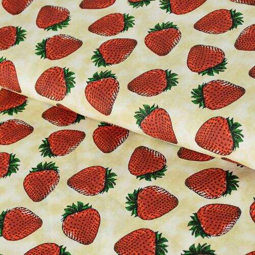 Tecido de Algodão Estampado (Meio Metro) - Morangos Fundo Bege