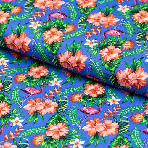 Tecido de Algodão Estampa Digital (Meio Metro) - Flamingo Floral Azul
