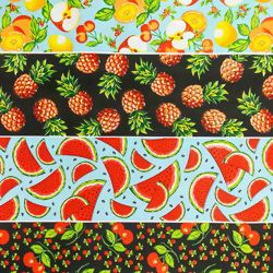 Tecido de Algodão Estampado (Meio Metro) - Faixas Frutas Fundo Preto