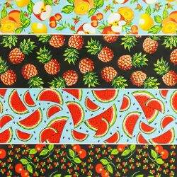 Tecido de Algodão Estampado (Meio Metro) - Faixas Frutas Fundo Preto